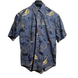 Ivy Crew Explorer‎ Men's Button Down Shirt Blue All Over Print Sailboats Medium